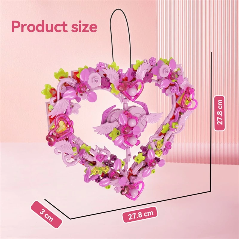 Wholesale DIY Heart Shaped Wreath Building Blocks 326 pcs Pink Flower Bricks Set Custom Romantic Hanging Ornament Toy for Valentine's Day Gift