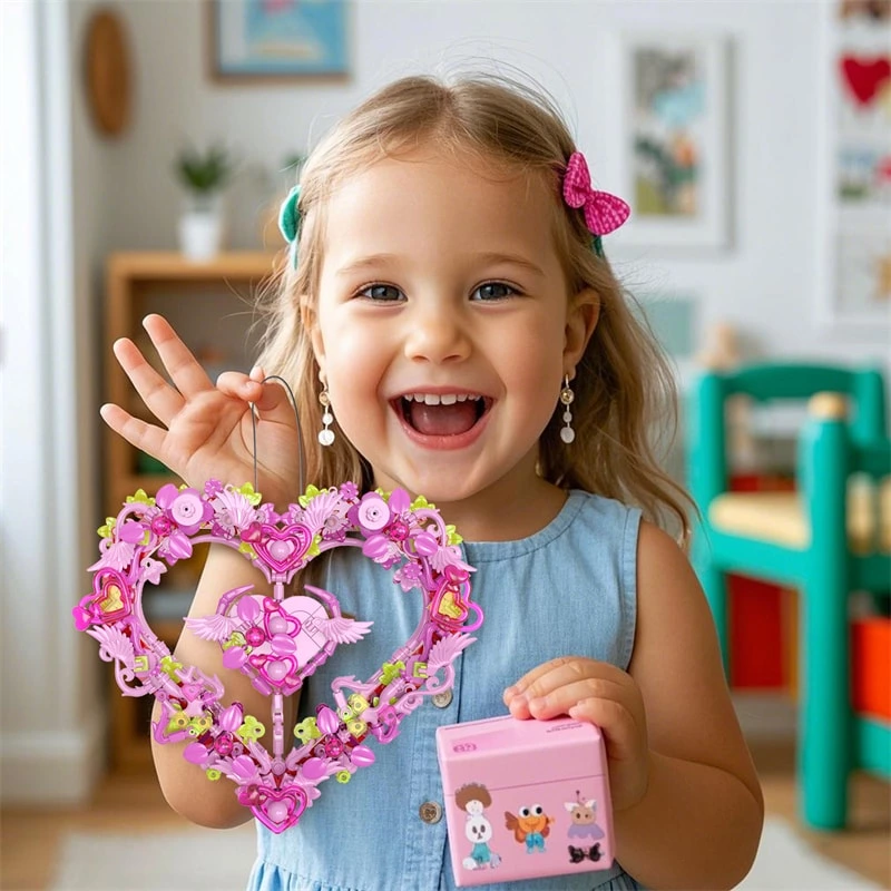 Wholesale DIY Heart Shaped Wreath Building Blocks 326 pcs Pink Flower Bricks Set Custom Romantic Hanging Ornament Toy for Valentine's Day Gift