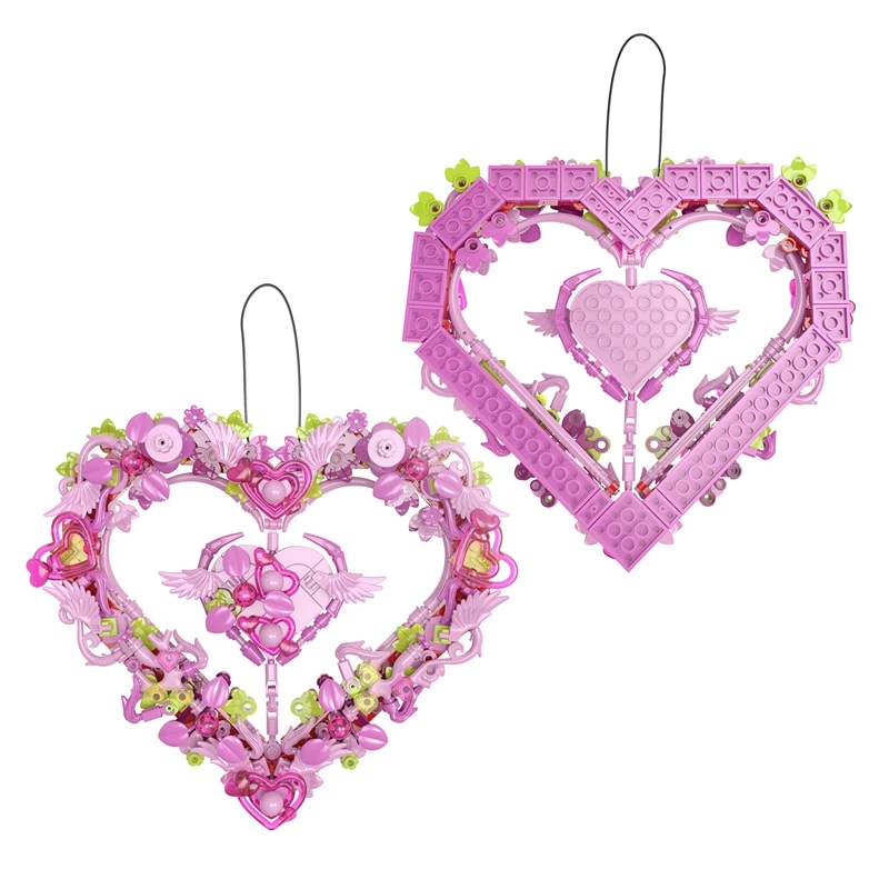 Wholesale DIY Heart Shaped Wreath Building Blocks 326 pcs Pink Flower Bricks Set Custom Romantic Hanging Ornament Toy for Valentine's Day Gift