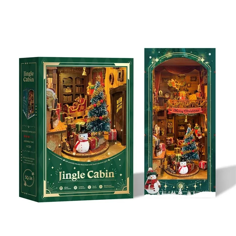 Wholesale Christmas Book Nook Kit DIY Jingle Cabin Wooden Bookshelf Insert with LED Light Custom 3D Puzzle Miniature Supplier