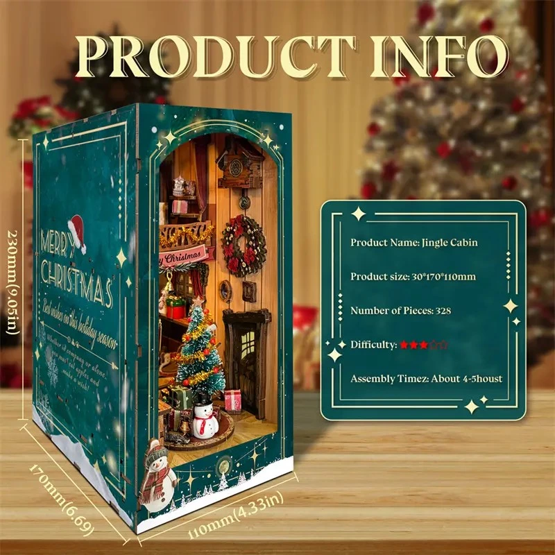 Wholesale Christmas Book Nook Kit DIY Jingle Cabin Wooden Bookshelf Insert with LED Light Custom 3D Puzzle Miniature Supplier