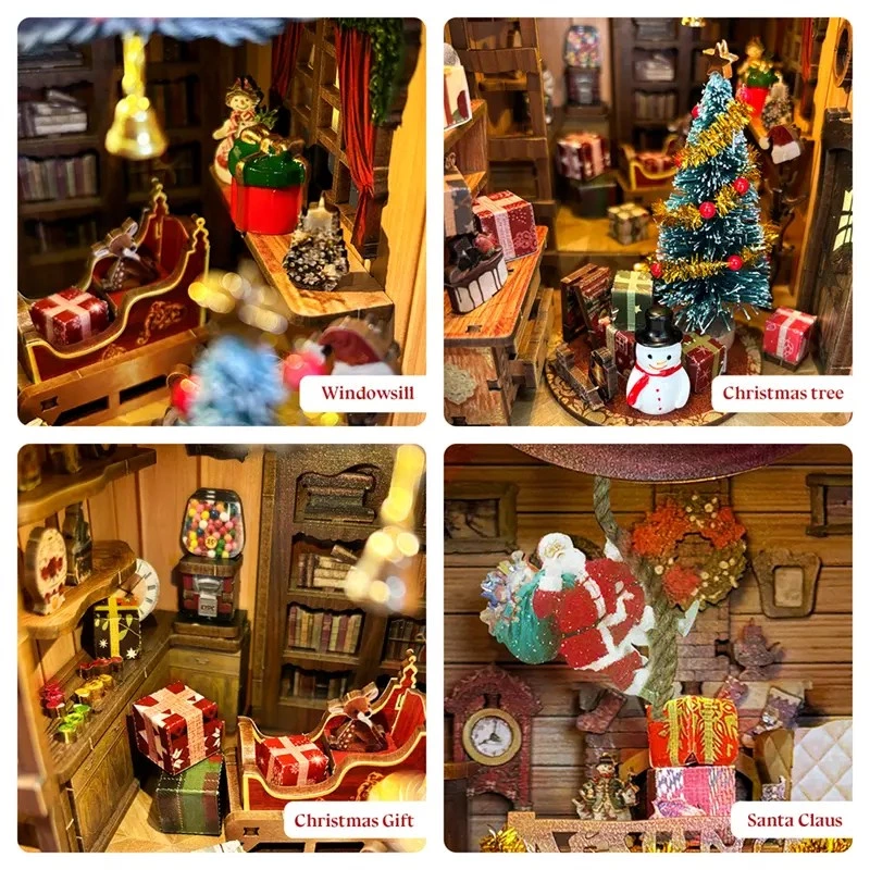 Wholesale Christmas Book Nook Kit DIY Jingle Cabin Wooden Bookshelf Insert with LED Light Custom 3D Puzzle Miniature Supplier