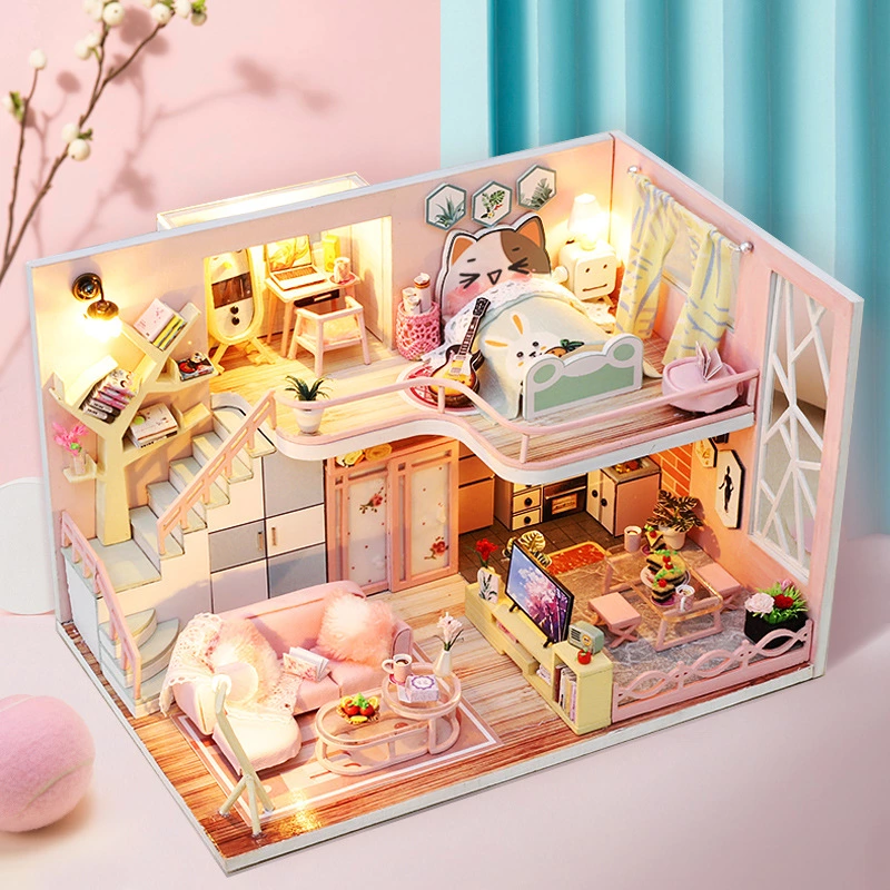 Wholesale DIY Wooden Dollhouse Kit with LED Light Miniature Modern Pink Loft Model 3D Puzzle House for Adults Factory