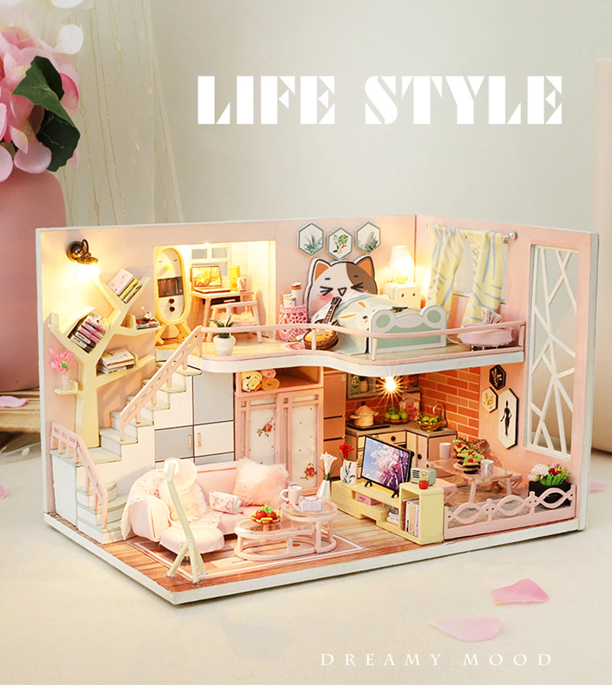 Wholesale DIY Wooden Dollhouse Kit with LED Light Miniature Modern Pink Loft Model 3D Puzzle House for Adults Factory