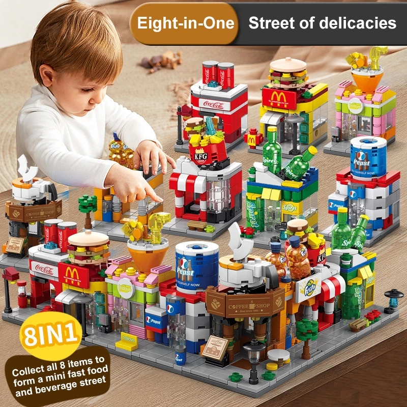 Customized Coffee Fast Food Building Block Sets Street View City Toy