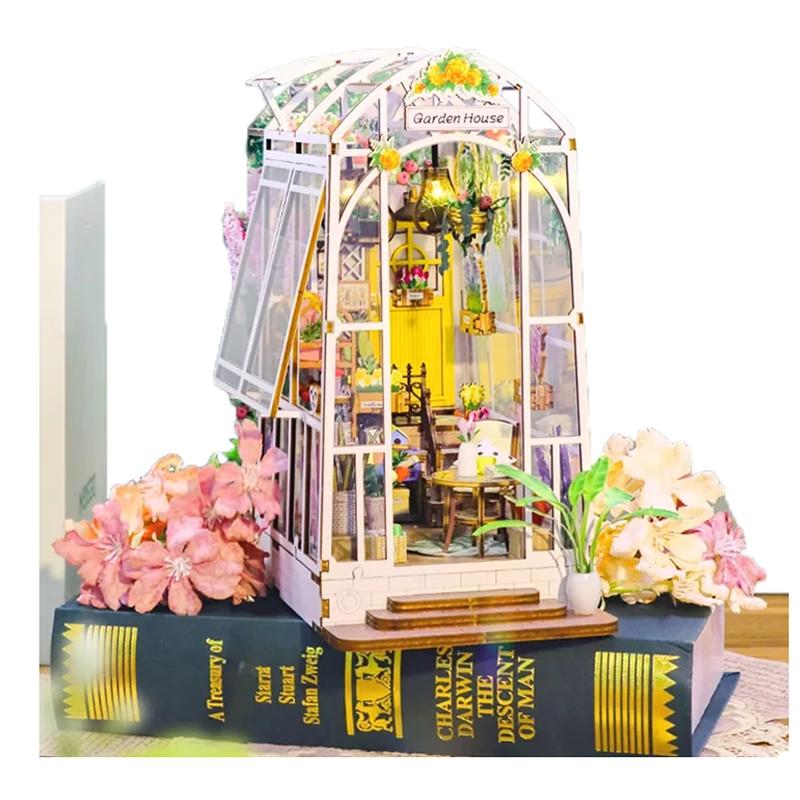 23cm DIY Wooden Miniature Greenhouse for Custom Branding with Touch-Switch LED & OEM Design Service