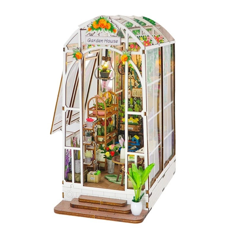 23cm DIY Wooden Miniature Greenhouse for Custom Branding with Touch-Switch LED & OEM Design Service