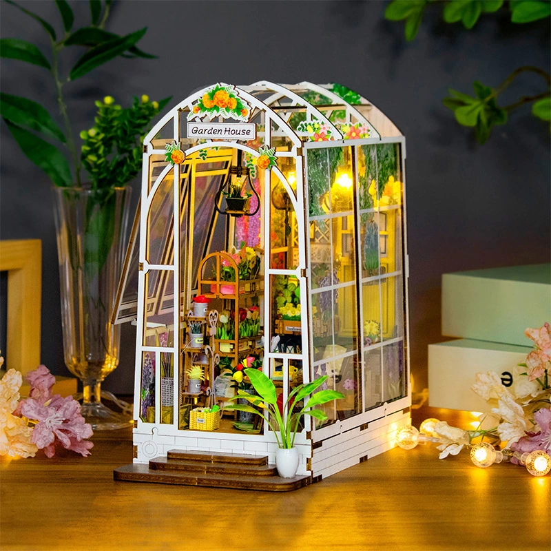 23cm DIY Wooden Miniature Greenhouse for Custom Branding with Touch-Switch LED & OEM Design Service