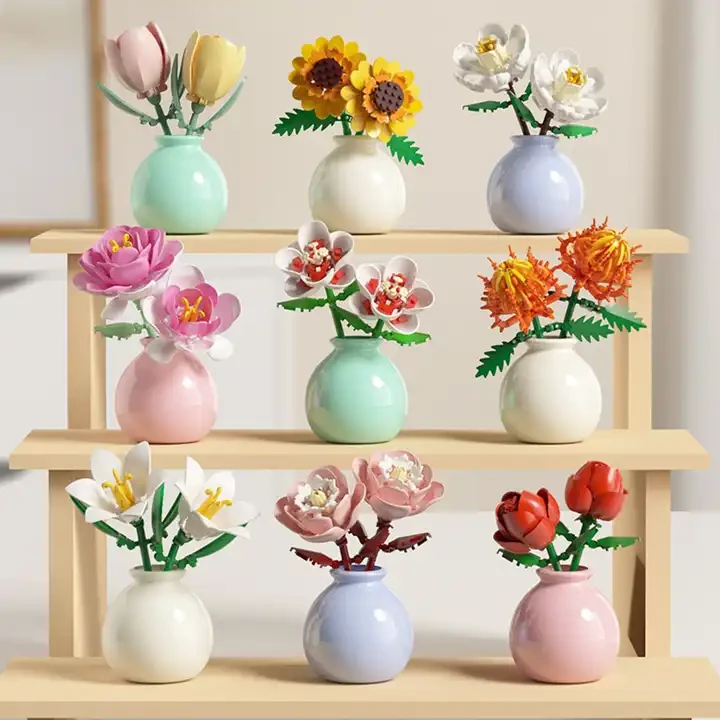 Wholesale Building Block Flower Collection with Vases, Bulk DIY Botanical Bricks for Home Decor & Gifts, OEM Supplier