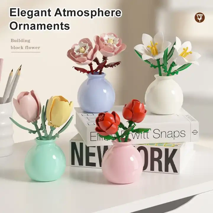 Wholesale Building Block Flower Collection with Vases, Bulk DIY Botanical Bricks for Home Decor & Gifts, OEM Supplier