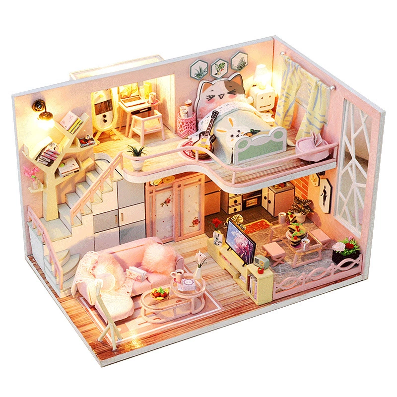 Wholesale DIY Wooden Dollhouse Kit with LED Light Miniature Modern Pink Loft Model 3D Puzzle House for Adults Factory