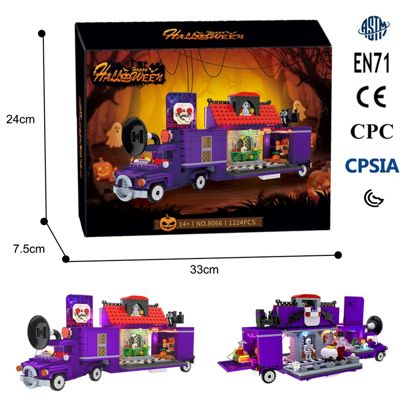 1224PCS Halloween Haunted House Truck Building Blocks Set with LED Lights, Mobile Ghost Dining Car Construction Toy for Adults & Teens