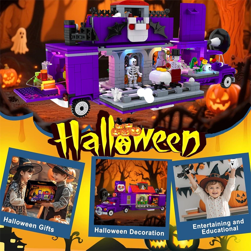 1224PCS Halloween Haunted House Truck Building Blocks Set with LED Lights, Mobile Ghost Dining Car Construction Toy for Adults & Teens
