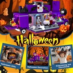 1224PCS Halloween Haunted House Truck Building Blocks Set with LED Lights, Mobile Ghost Dining Car Construction Toy for Adults & Teens