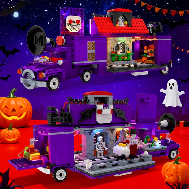 1224PCS Halloween Haunted House Truck Building Blocks Set with LED Lights, Mobile Ghost Dining Car Construction Toy for Adults & Teens